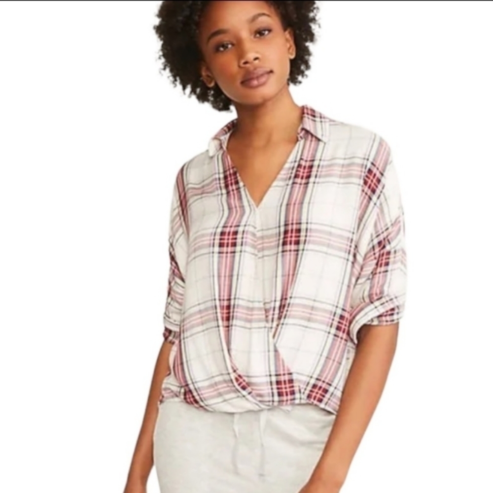LOFT LOU & GREY Faux Wrap Plaid Long Sleeve Top